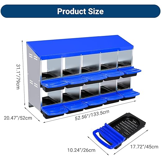Chicken Nesting Boxes, 10 Hole Metal Chicken Laying Box with with Removable Trays and Roll Out Egg Collection for Chicken Coop, Blue