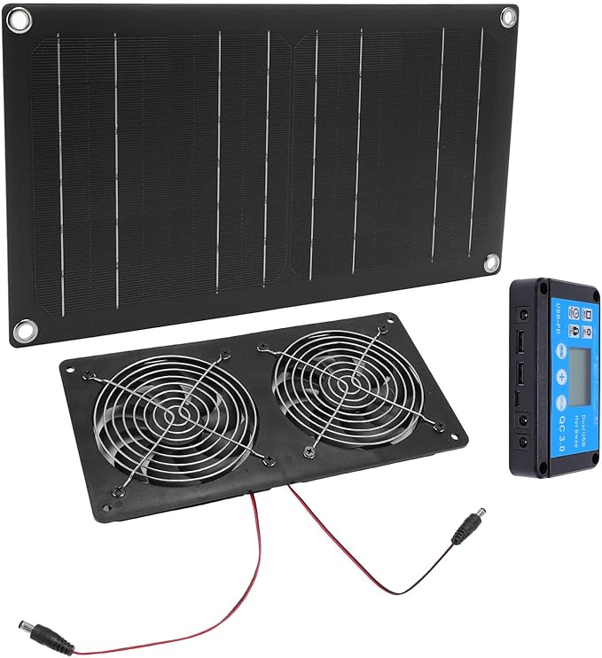 Pomya Solar Exhaust Fan, 20W Solar Panel + 6 Inch Double Ventilation Vent Fan, with Timing Controller, HighSpeed Solar Powered Fan for Shed, Chicken Coop, Greenhouse, Dog House