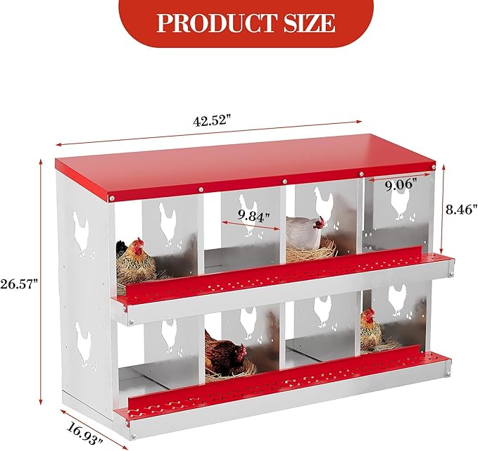 8 Grid Metal Chicken Nesting Box – Roll Away Egg Tray, Heavy Duty Rustproof Steel, Removable Plastic Trays, Lid Cover & Swing Perch, Ventilated for Hens/Ducks – Red (8 Grids, Without Bracket)