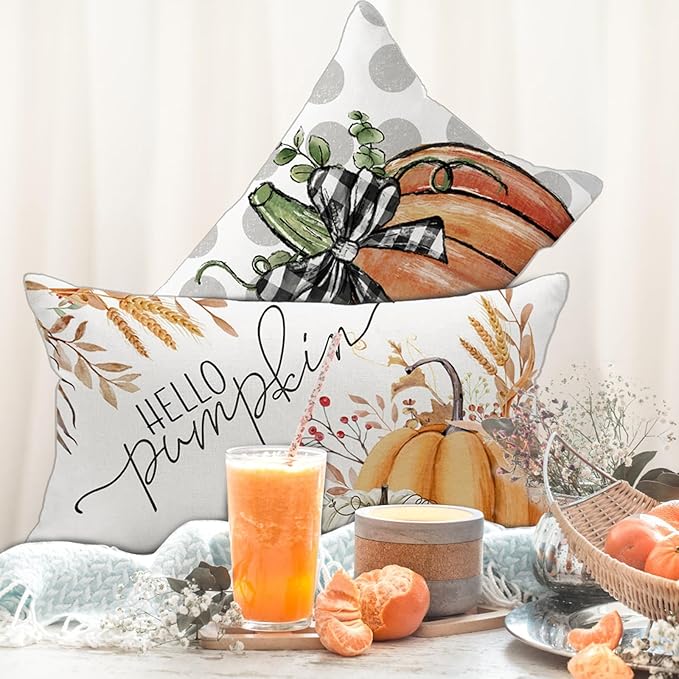 Fall Pillow Covers 12x20, Autumn Outdoor Decorative Throw Pillow Covers, Hello Pumpkin Pillow Cases for Couch Porch, Thanksgiving Cushion Covers, Harvest Pillows Decor