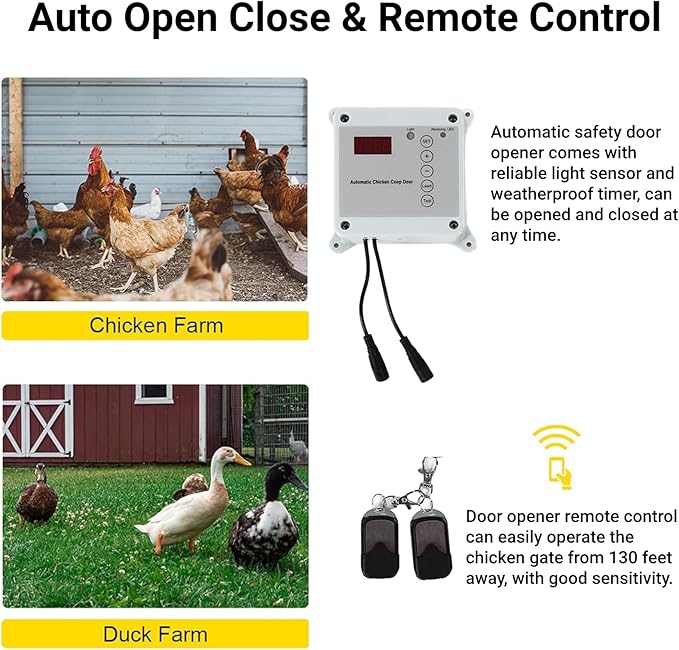 Automatic Chicken Coop Door with Timer and Remote Control Solar Powered Light Sensor Safe Opener Kit for Poultry Run Duck Coop(US Plug)