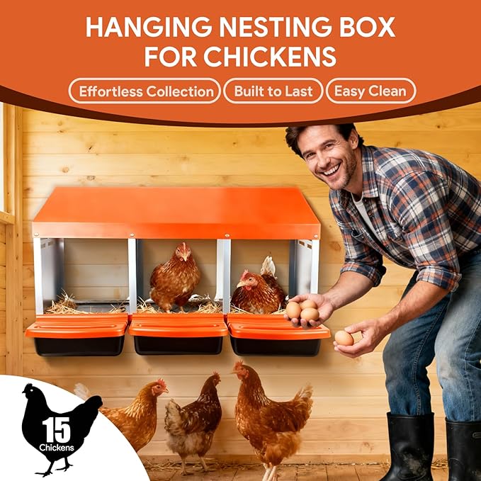Chicken Nesting Boxes with 3 Cozy and Roll-Away Design - Chicken coop Nesting Boxes,Private Laying Spot & Enables Effortless Egg Collection (Orange)