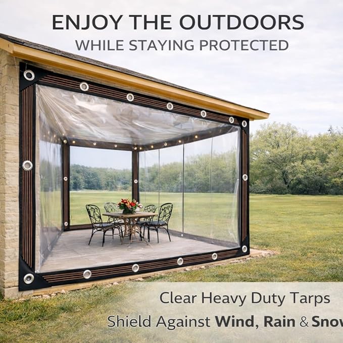 Clear Tarp with Grommets, 14Mil PVC Clear Plastic Tarps Heavy Duty Waterproof, for Vinyl Patio Enclosure, Patio Plastic Porch Enclosures for Winter and Chicken Coop Cover(10 * 12ft)