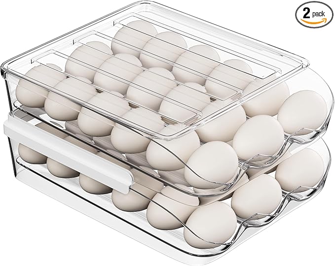 Proarea Egg Holder for Fridge, Stackable Rolling Egg Organizer for Refrigerator, Clear Egg Storage Container with Lid, Auto Rolling Egg Dispenser, Holds 36 Eggs, 18 Eggs per Tray