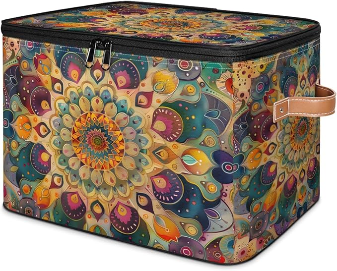 Boho Storage Bins with Zipper Lid Fabric Storage Containers for Clothes Collapsible Closet Storage Basket with Metal Frame 1 Pack