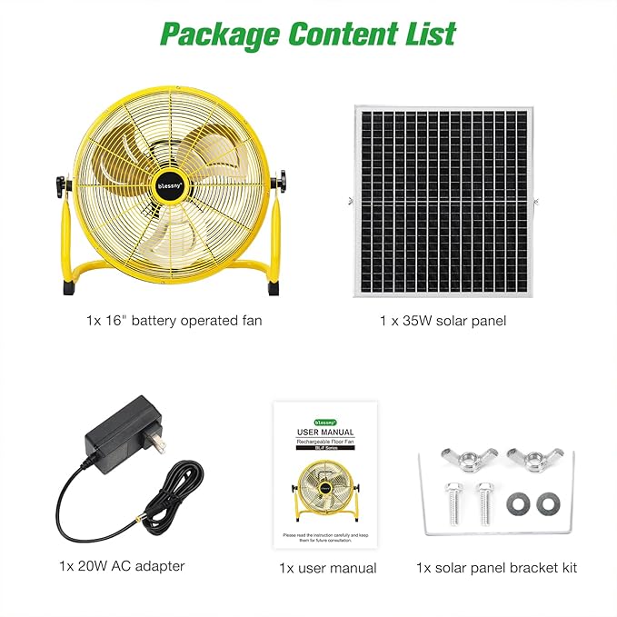 16" Large Solar Rechargeable Floor Fan for Home Outdoor Camping Gazebo Greenhouse Barn Poultry Pet House Cooling or Air Circulation