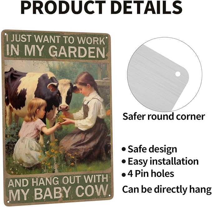Vintage Farm Cow Metal Tin Sign - Garden Decor, 12''X 8''