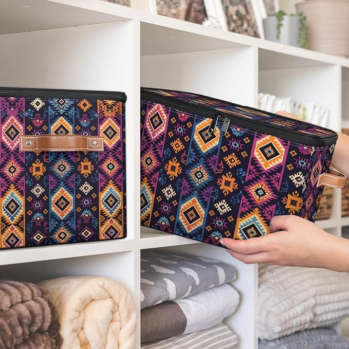 Boho Bohemia Style Storage Bins with Zipper Lid Fabric Storage Containers for Clothes Collapsible Closet Storage Basket with Metal Frame 2 Pack