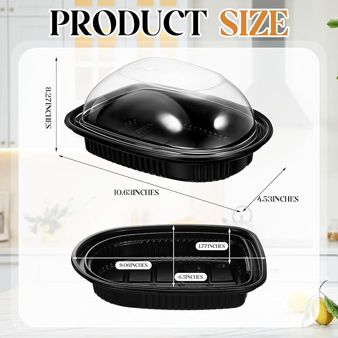 Hushee 20 Pack Large Rotisserie Chicken Roaster Container with Lids Black Plastic Chicken Food Storage Container Carrier Without Handle Rectangular Take out Reusable Storage High Dome Clear Lid