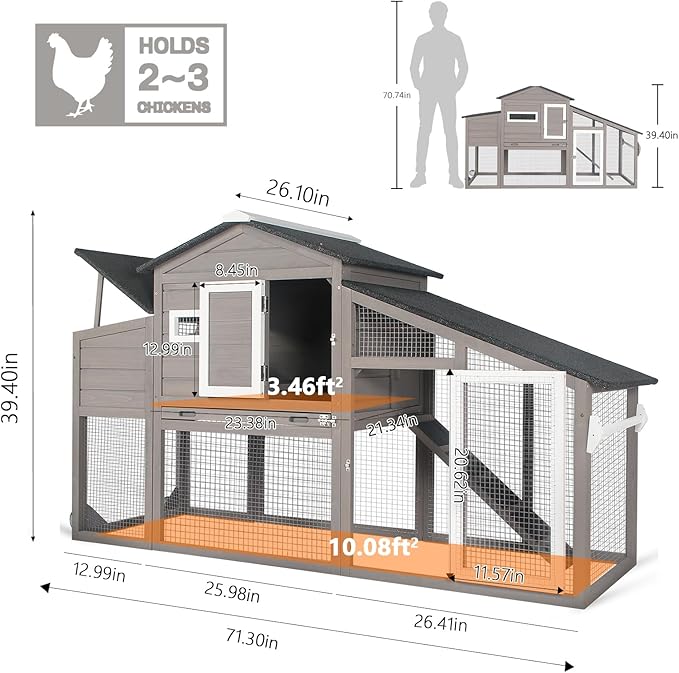 PetsCosset Chicken Coop Wooden Backyard Hen House - Indoor Outdoor for 2-3 Chickens, 2 Story Poultry Cage with Run, Chicken Nesting Box, Pull Out Trays and Anti-Slip Asphalt Ramp
