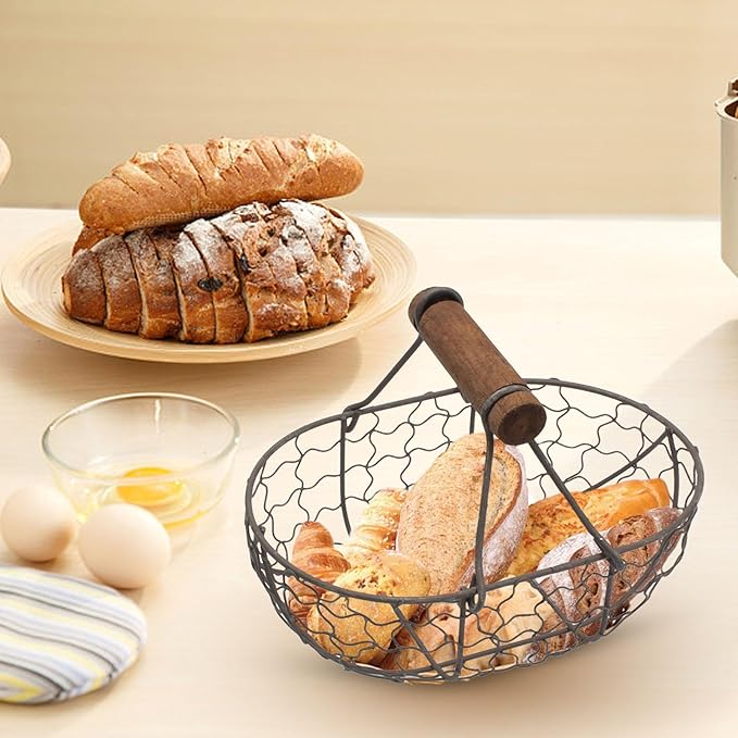 Farmhouse Egg Basket - Wooden Handle Container for collecting and storing eggs, versatile picnic farm bucket for children, boys, girls, outdoor use, perfect for camping, gardening, home eg