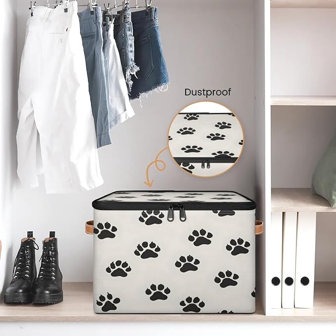 Storage Cubes with Lid Fabric Storage Bins Boxes PU Leather Handles, Dog Pet Paw Print Closet Organizer Container Foldable Washable Shelf Cloth Basket, Cat Pet Paw