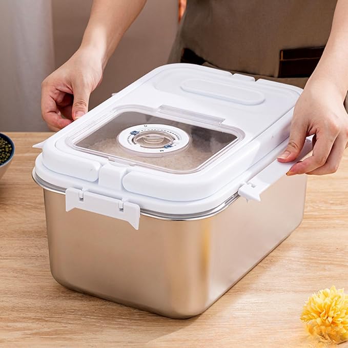 Saim Rice Containers - Stainless Steel Flour Storage Container with Silicone Airtight Lid and Scoop, Measuring Cup/Portable Rice Dispenser for Dry Beans, Oatmeal and Grains (15 Lbs)