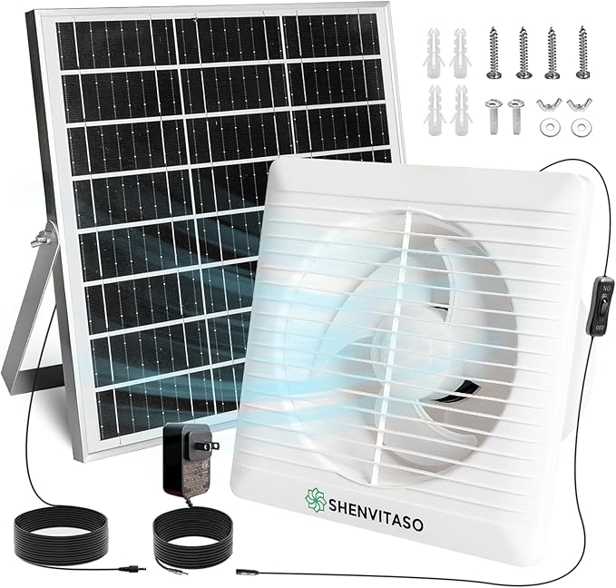 Solar Exhaust Fan – Compact for Small Spaces, Brushless Quiet 6" Ventilation Vent Fan, 25W Solar Panel with Bracket, Anti-Backflow Valve; for Chicken Coops, Pet Houses, Sheds, Greenhouses (White)