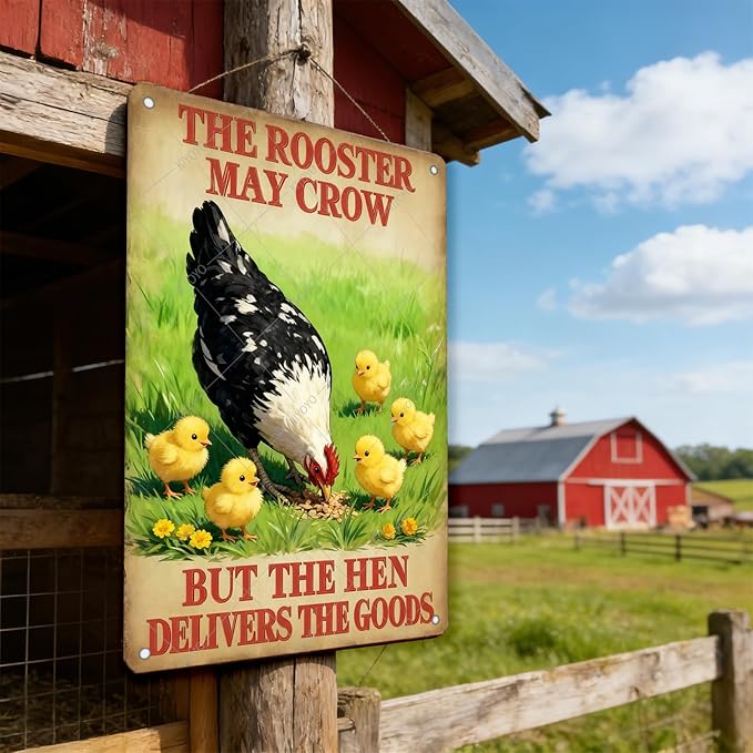 Funny Rooster Decor The Rooster May Crow But The Hen Delivers The Goods Rustic Tin Sign For Home Farm Chicken Coop Decor 12x8 Inch