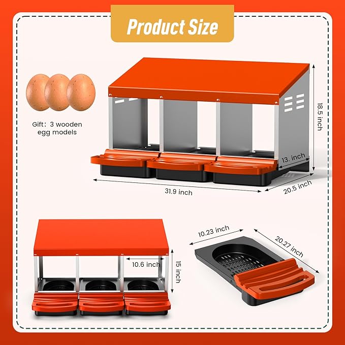 Chicken Nesting Boxes, Roll Away Laying Nest Box for Hens, Galvanized Steel with Removable Egg Drawer, Protects Eggs, Easy Egg Collection, for Chicken Coop, 3 Compartments