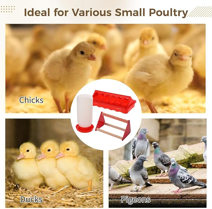 8 Pack Chick Feeder and Waterer Kit, Chick Feeding Supplies, Includes 3 Feeders, 2 Waterers, and 3 Perches, Chicken Starter Kit for Brooder & Coop, Ideal for Small Poultry