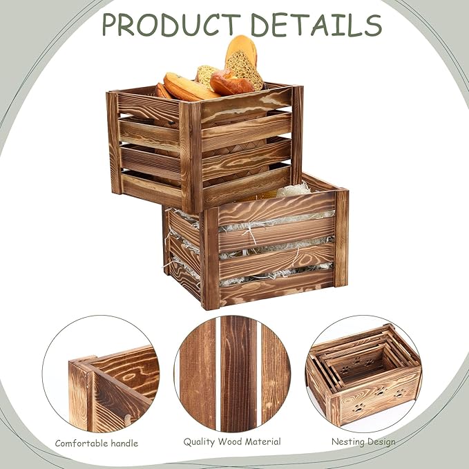 Ripeng 2 Pack Wooden Large Crates Storage Crate Decorative Wood Crates Wooden Storage Container with Handles for Display Decor 15.75 x 11.8 x 10.24 inches