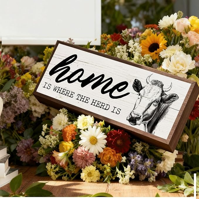 Rustic Home Sign, Home is Where the Herd is Sign, Cow Decors, Farmhouse Wall Decor Art, Funny Front Door Decors, Living Room Decor, Housewarming Gift 9.5x3.1x1 inches