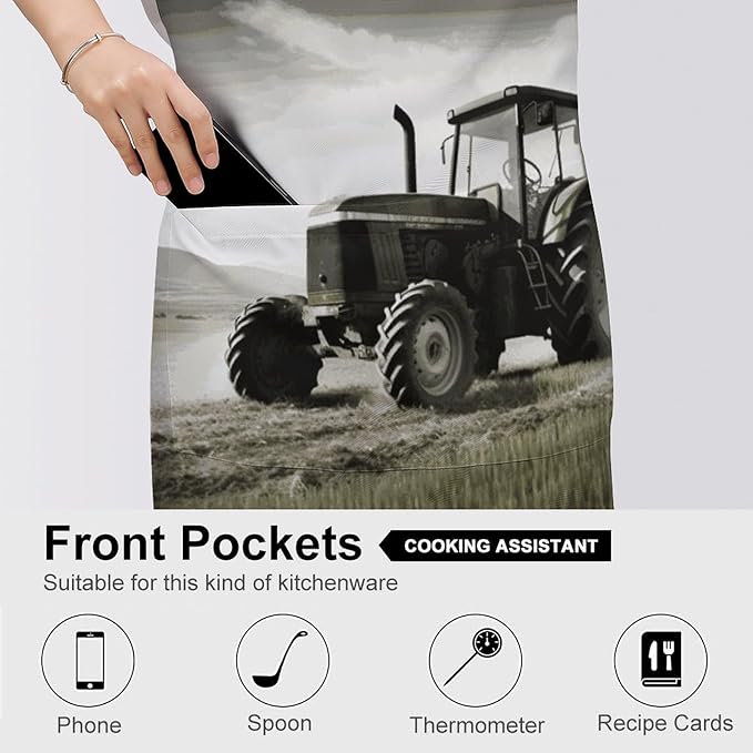 Tractor Agriculture Tranquil Apron Waterproof Oil-proof Large Pocket Apron Adjustable Neck Strap Unisex Kitchen Aprons For Chef Cooking Baking Gardening BBQ