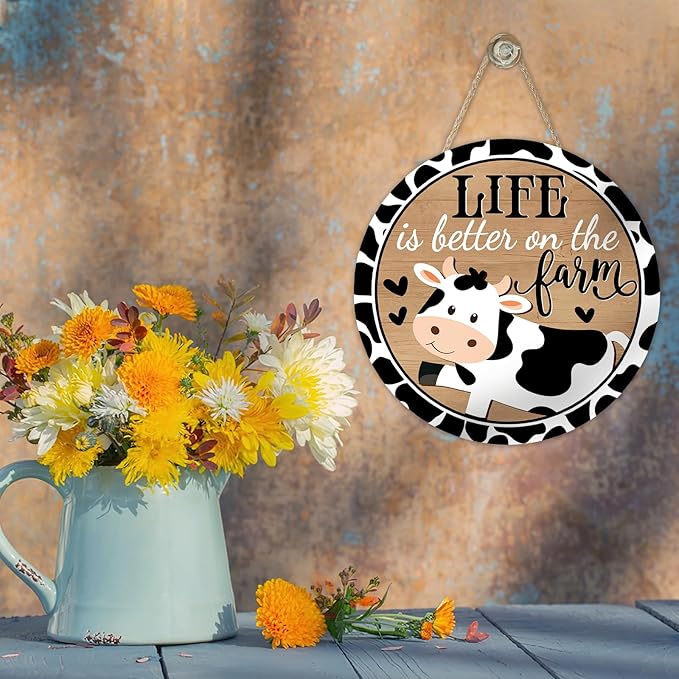 Funny Life is Better on The Farm Cow Print Front Door Sign, Vintage Farmhouse Animals Country Barn Wood Hanger Outdoor Home Decor, Rustic Wooden Wreath Indoor Wall Hanging Decoration Farm Gift