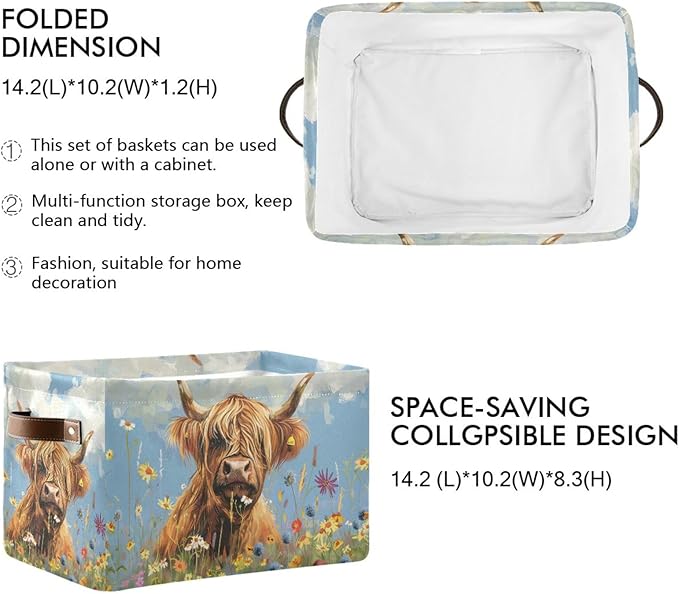 JIPONI Wild Highland Cow Fabric Storage Bins for Shelves, Decorative Storage baskets for organizing, Closet Organizer with Handle for Cloth, Toys, Bedrooms, Farmhouse