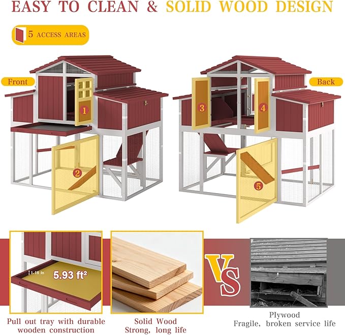 Large Chicken Coop Outdoor with Run, Expandable Hen House with 4 Nesting Boxes, Rabbit Hutch Poultry Bunny Cage for 2-4 Chickens with 4 Perches, Removable Tray and Ramp (56.3" L x 35.24" W x 52.8" H)