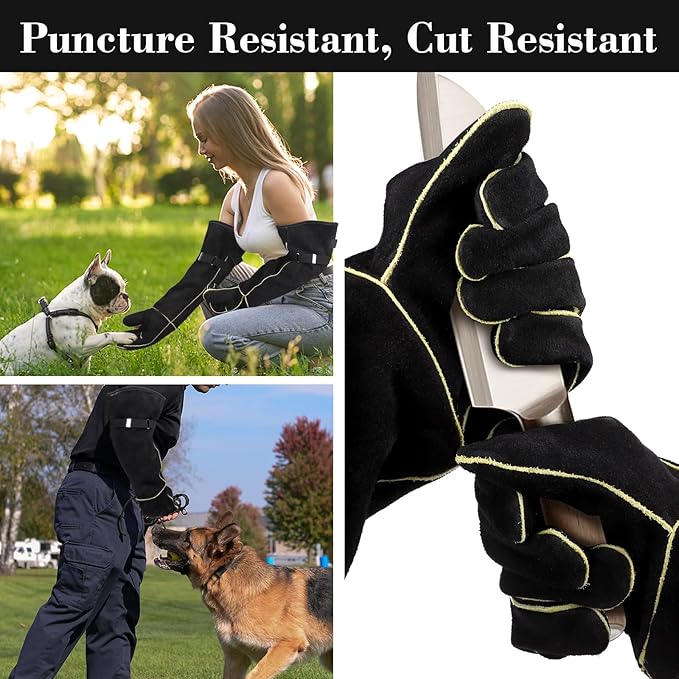 Animal Handling Gloves Bite Proof, Thickened Leather Cat Gloves for Scratching, Falconry, Welding, 23.6 inch Black Yellow
