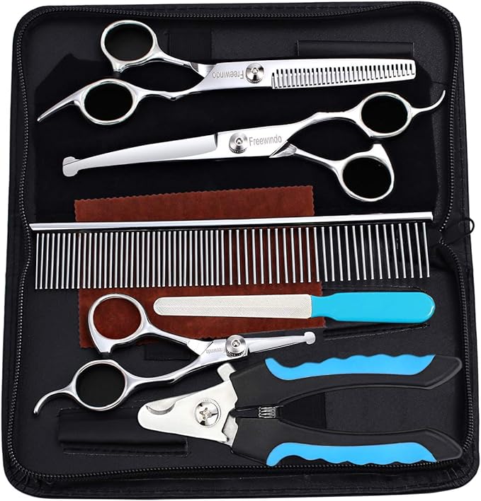 Dog Grooming Scissors Kit - Safety Round Tip, Heavy Duty Stainless Steel Scissors and Nail Clippers for Full Body Grooming