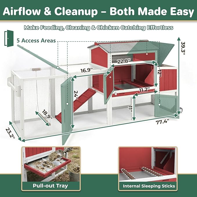 Chicken Coop with Wheels, Weatherproof Mobile Hen House Chicken Tractor with Run, Nesting Box, Roosting Bars, Pull-Out Tray, Asphalt Roof & Fun Swing for Chickens Quails, Backyard Use