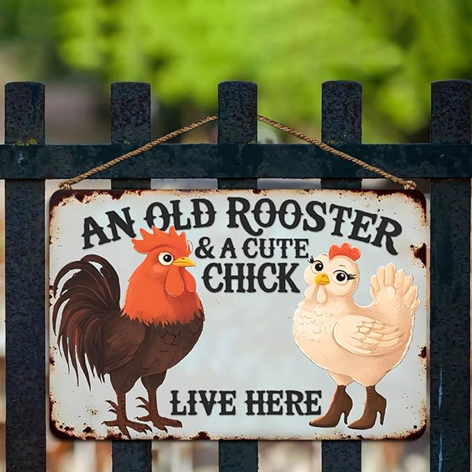 Funny Cute Vintage Chicken Coop Metal Tin Signs Plaque An Old Rooster & A Cute Chick Live Here Home Farmhouse Kitchen Wall Decor 12x8 Inch