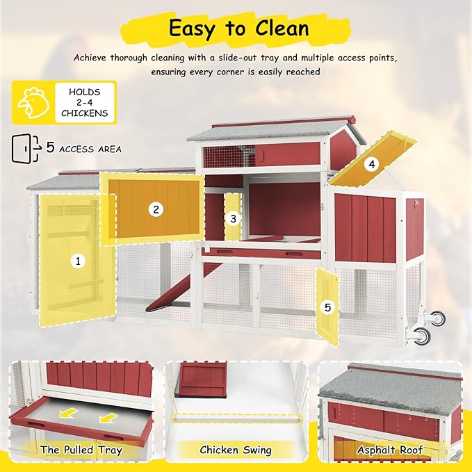Mobile Wooden Chicken Coop for 2–4 Chickens – Outdoor Hen House with Wheels, Waterproof Asphalt Roof, Nesting Box & Easy Clean Slide-Out Tray (Red, 77.4" L x 23.2" W x 39.2" H)