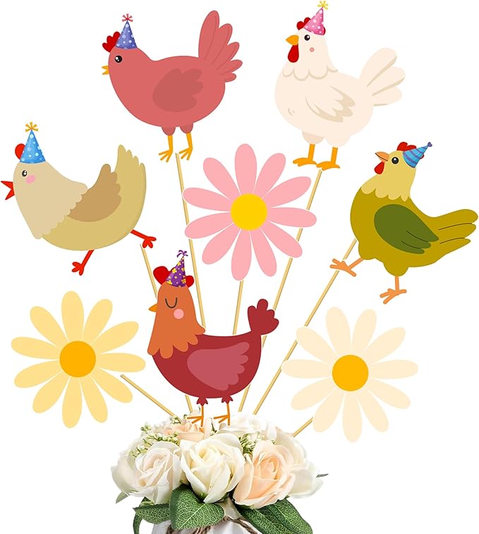 Chicken Themed Centerpiece Sticks Floral Chicken Birthday Table Toppers 16PCS Boho Daisy and Chick Party Decorations Farm Animals Centerpieces for Barnyard Theme Baby Shower Supplies