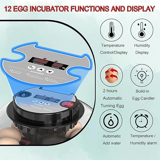 12 Egg Incubator with Auto Turner, Built-in Candler & Humidity Display, Suitable for Hatching Chicken Duck Quail Bird