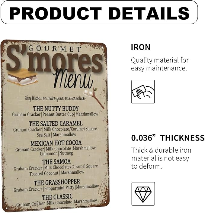S'Mores Bar Menu,S'Mores Wedding Bar Vintage Tin Sign Camping Party Metal Sign Retro Wall Decor Gift Plaque Tin Sign For Home Cafes Pub Club Office Store,8x12 inches