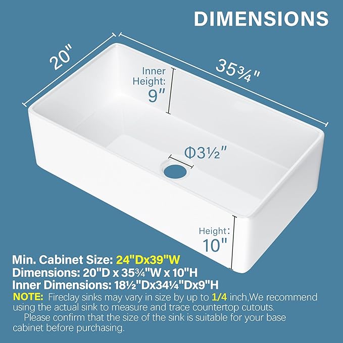 Extra Large White Farmhouse Sink 36 x 20 Inch, Firecaly Apron Front Undermount Farm Kitchen Sink Deep Single Bowl for Kitchen, w Accessories 2 Types, Fits MIN. Cabinet Size: 24"Dx39"W