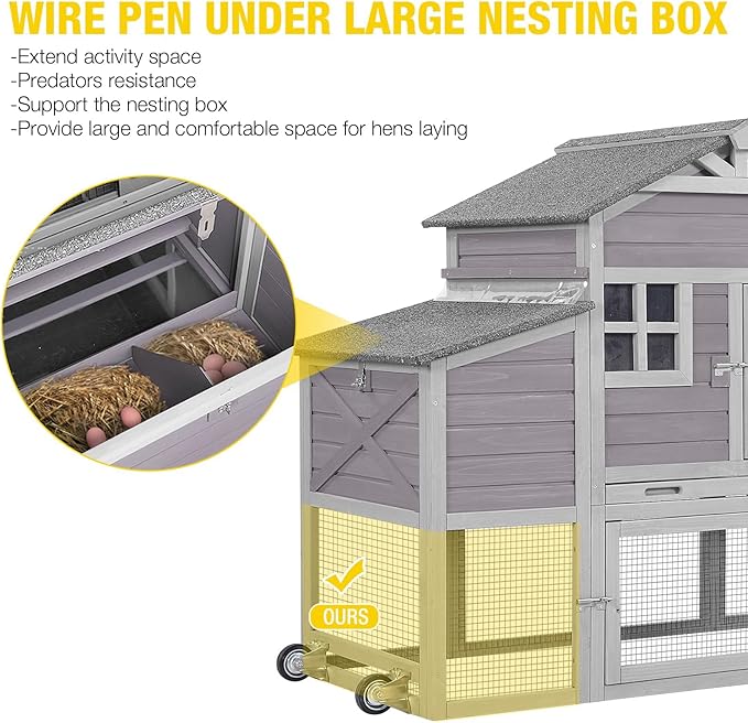 Aivituvin Chicken Coop Mobile Chicken House on Wheels, Rabbit Hutch Bunny Cage Expandable Wooden Poultry Cage with Large Nesting Box Leakproof Pull-Out Tray,UV-Resistant Roof (Grey)