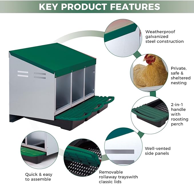 Garvee Chicken Nesting Boxes, 3 Hole Roll-Away Nesting Boxes for Chickens Coop with Perch, Hens, Ducks & Other Poultry,Egg Laying Box with Lid Cover to Protect Eggs,Easy to Assemble
