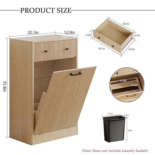 Single 10 Gallon Wood Grain Tilt-Down Trash Can Cabinet with Storage Drawer,Wood Grooved Recycling Cabinet with Wave Texture Hidden Pull-Out Trash Can for Kitchen,Bathroom (Trash Can Cabinet-Wood)