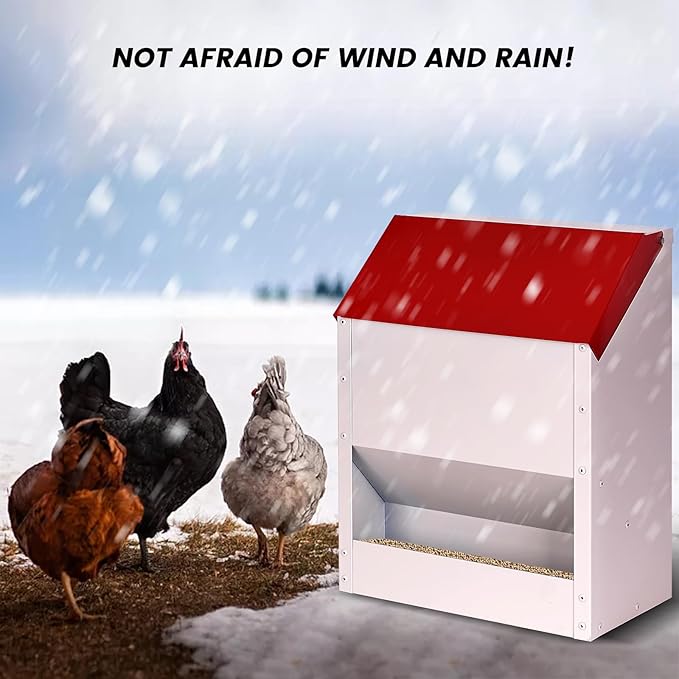 Galvanized Wall Mount Chicken Feeder No Waste Hanging Chicken Feeder with Lid Weatherproof Metal Automatic Poultry Feeder Trough Food Dispenser for Outside Coop (23 lbs)