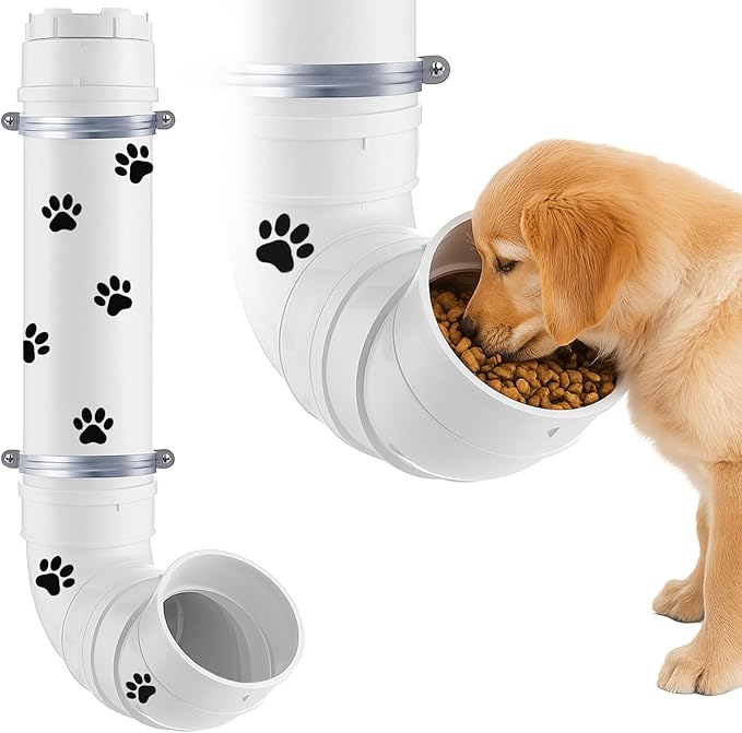 Gravity Dog Self Feeder with Puppy Paw Print Stickers 6 Pounds Large Capacity Hanging Pet Feeding Automatic Dispenser PVC Pipe Feeder for Cat Chicken Turkeys Indoor & Outdoor Use