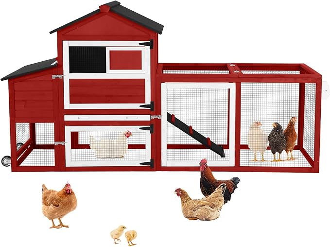 Large Mobile Chicken Coop Wooden with Wheels, Expandable Outdoor Chicken House with Nesting Box & Pull-Out Tray, Easy-Clean Poultry Coop for 2–3 Chickens & Ducks
