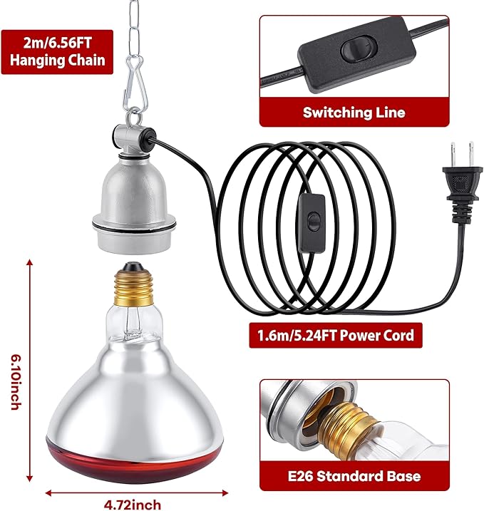 Heat Lamp Bulb for Chickens, Red Heat Lamp Infrared Light Bulb with Power Cord Hanging Chain for Chicks