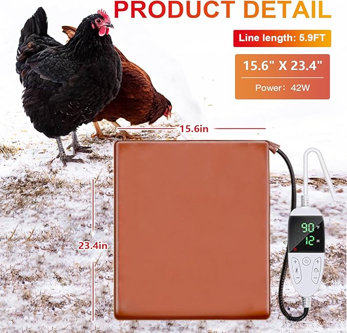 Chicken Heating Pad Baby Chicks Heater Mat Temperature and Timer Adjustable Led Display Chicken Warming Blanket Heated Mat with Anti Bite Cord Chick Brooder Heating Plate Orange 15.6" X 23.4"