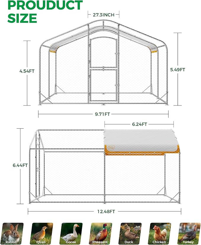 Large Metal Chicken Coop with Run, Walk-in Chicken Run for Yard with Waterproof & Anti-UV Cover, Spire Roof Outdoor Poultry Cage for Chickens Ducks Rabbits Backyard Farm