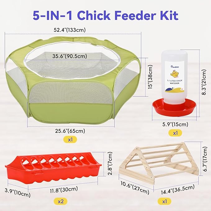 Pawaboo 5-in-1 Chicken Brooder Box for Chick Starter Kit, Includes Pet Cage Tent, Chicks Perch, Chick Feeder, 1.1L Chicks Waterer, Chicken Supplies (Brooder Set), Green + Red + Wood Color