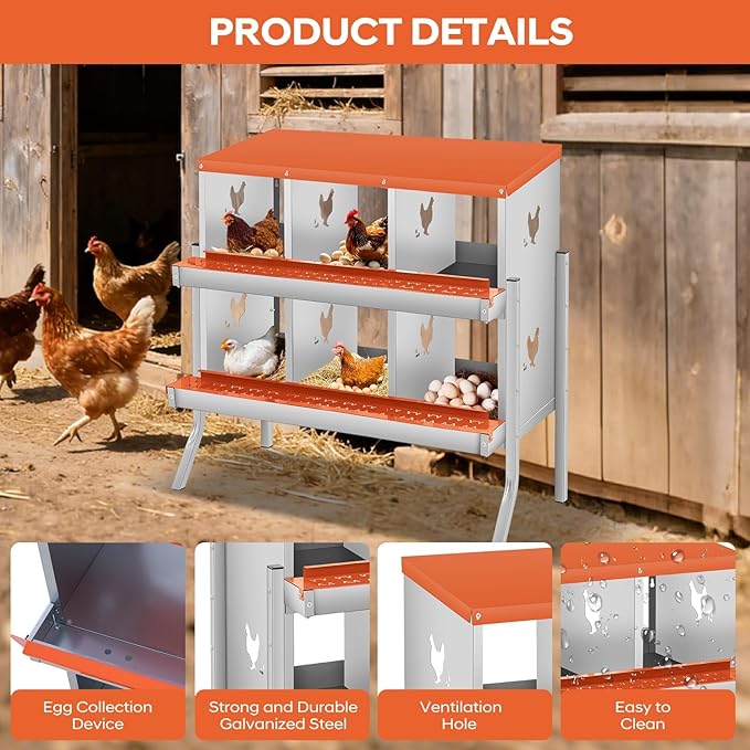 6-Hole Chicken Nesting Box, Rustproof Galvanized Steel, Wall-Mounted Metal Laying Box for Hens, Easy Egg Collection & Cleaning, Roll Away Nest Boxes - Orange