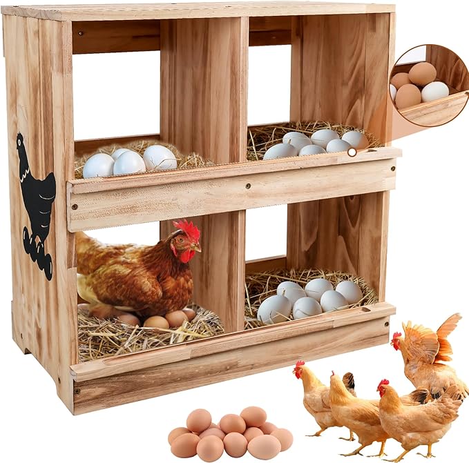 Nesting Boxes for Chickens, Chicken Laying Boxes with 4 Compartments,Pine Wood Chickens Nesting Boxe for Laying Eggs,Wall-Mounted,Large Size 23.62'L× 13.2'W × 25.2'H