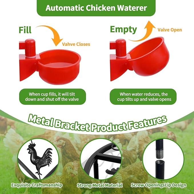 Chicken Water Feeder, 12 Pack Chicken Water Cup Waterer for Poultry, 1 Pack Metal Stand, Heavy Duty Round Iron Supports Rack for Barrel Racks, Poultry Watering Cups, for Coop Poultry Indoor Outdoor