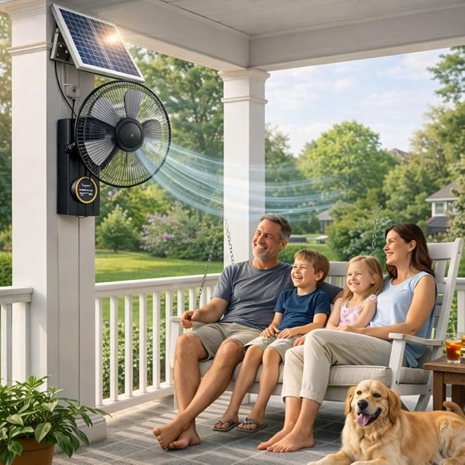 16" Wall Mounted Fan Waterproof, Solar Fans for Outside With Remote Control, Battery Powered Solar Greenhouse Fan, Heavy Duty Outdoor Fans for Patios 3 Speeds, 90° Tilt